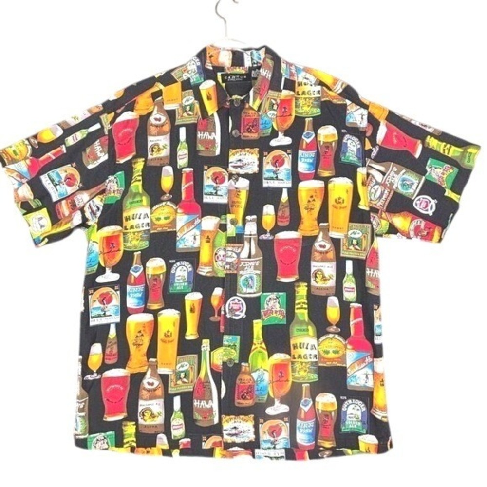 Cactus Black Label Hawaiian Beer Bottle Print Shirt Mens XL Cotton Rayon Black‎